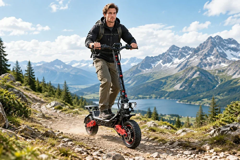 Man riding Freeboy H10 electric scooter on rocky mountain trail with lake and alpine peaks.