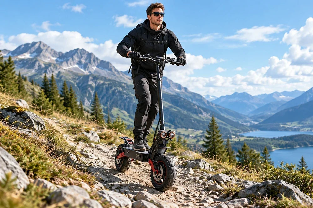 Freeboy H6 electric scooter, outdoor lifestyle shot.