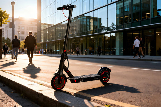 Golden hour downtown static product shot of sleek black Freeboy J03 foldable electric scooter with red wheel accents parked on city street beside glass office buildings.