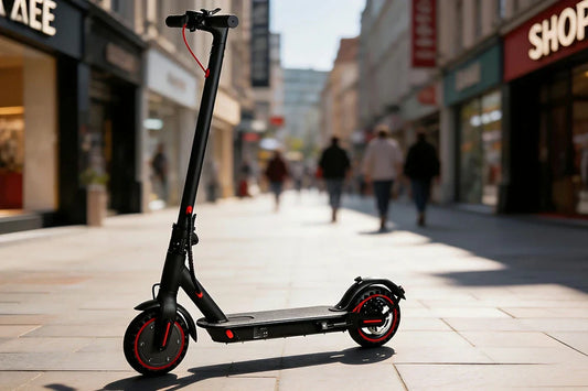Freeboy J03 lightweight foldable city electric scooter with black & red accents on European pedestrian shopping street.