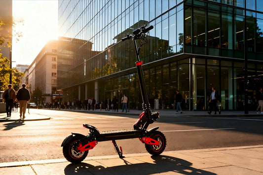 Golden hour urban static product shot of the black-and-red Freeboy J15 Max electric scooter parked on city sidewalk beside modern glass office buildings.
