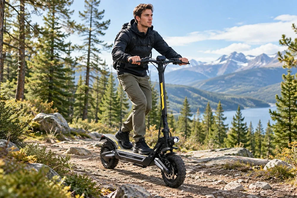 Young man riding Freeboy J01 electric scooter on university campus