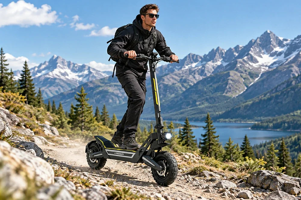 Man riding Freeboy J2 Max electric scooter on mountain trail with lake and snow peaks.