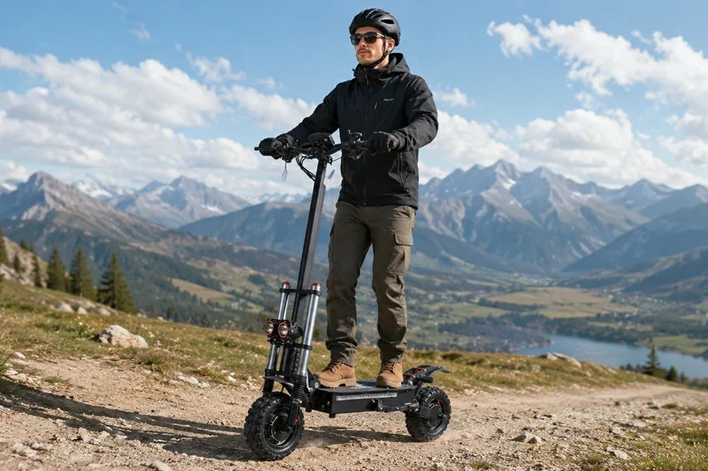Man on Freeboy J30 Max off‑road electric scooter on mountain dirt trail, alpine mountain valley background