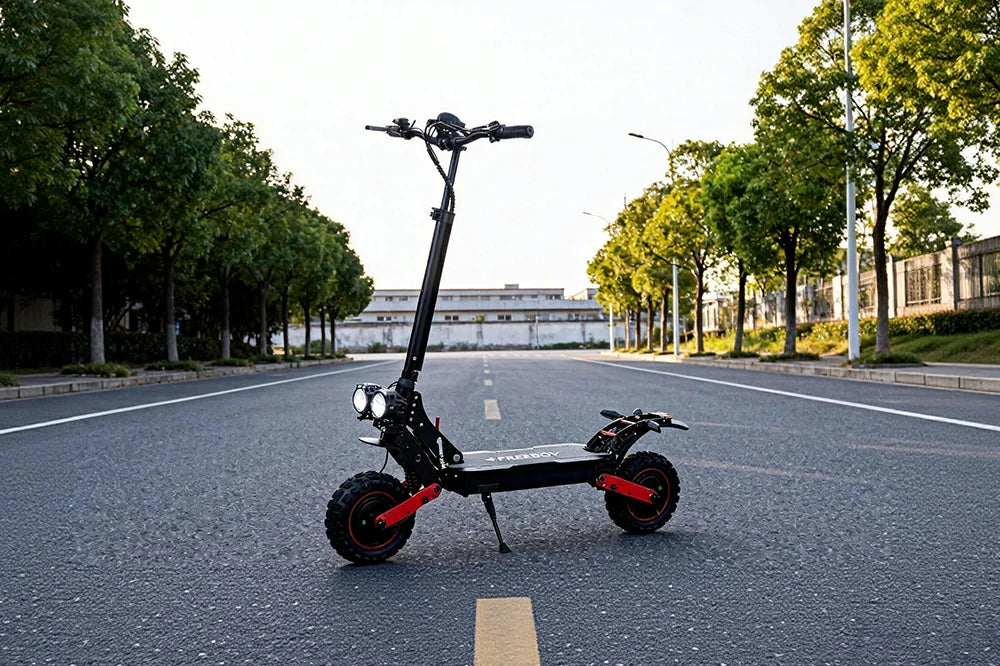 Sport-styled H6 high-performance e-scooter with dual front headlights, rugged knobby off-road tyres and foldable stem, standing on smooth urban roadway flanked by neatly arranged green roadside trees