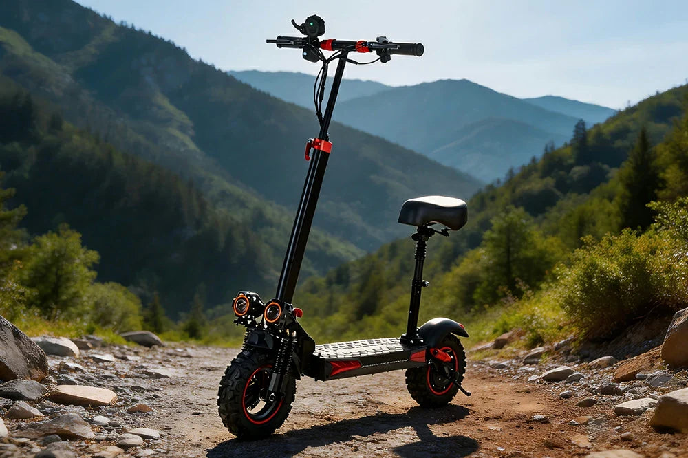 Freeboy J11 Max electric scooter with seat parked on a rocky mountain trail