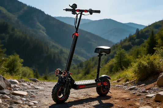 Freeboy J11 Max electric scooter with seat parked on a rocky mountain trail