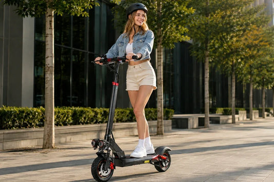 Smiling young woman with helmet riding Freeboy J01 electric scooter on city sidewalk