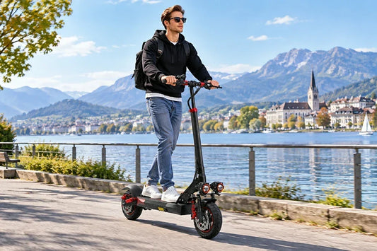 A man rides Freeboy J01 electric scooter along lakeside promenade with alpine town and mountain backdrop.