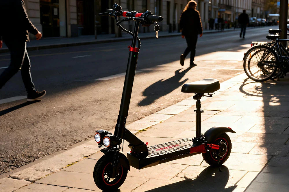 Golden hour urban sidewalk static shot of black-red Freeboy J01 seated foldable electric scooter parked along bustling city street with pedestrian traffic.