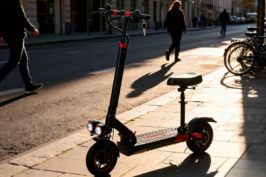 Golden hour urban sidewalk static shot of black-red Freeboy J01 seated foldable electric scooter parked along bustling city street with pedestrian traffic.