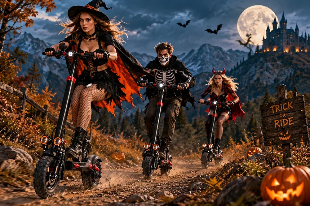 Three people in Halloween costumes riding Freeboy J11 Max electric scooters on mountain trail