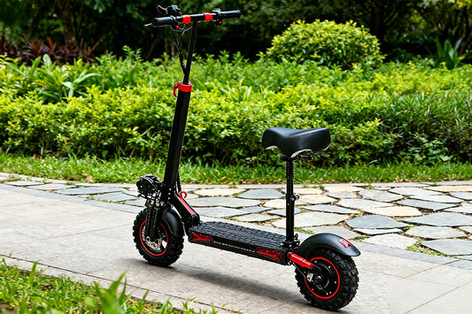 Side profile product shot of black red Freeboy J11 Max seated foldable off-road electric scooter on stone garden walkway with green foliage background.