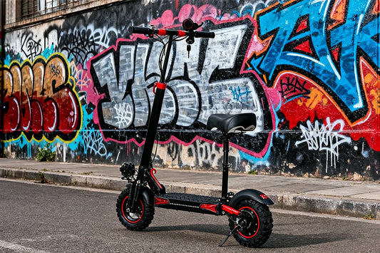 Side profile product shot of black and red Freeboy J11 Max seated foldable off-road electric scooter against vibrant graffiti street wall.
