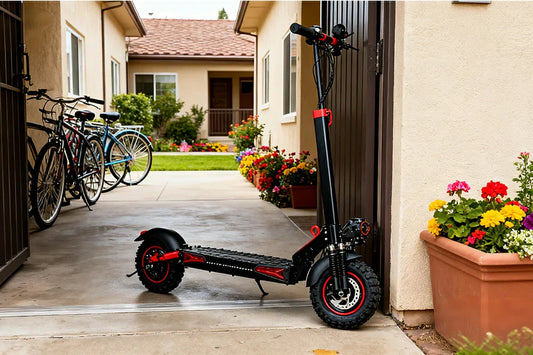 Freeboy J11 Max black-red foldable off-road electric scooter parked at residential villa courtyard doorway.