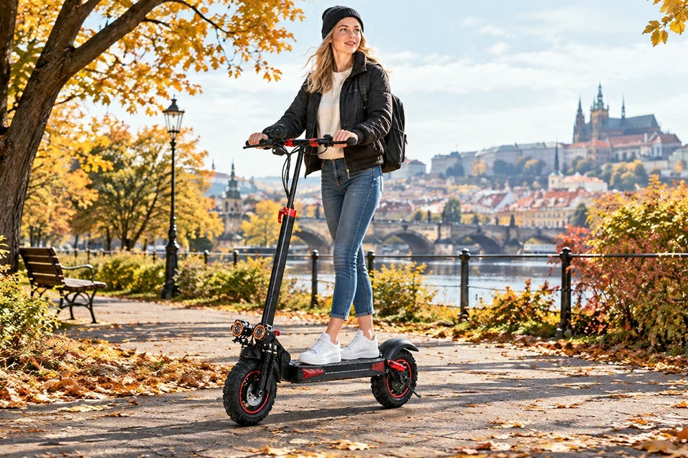 Woman riding Freeboy J11 Max electric scooter on autumn riverside path with Prague castle view