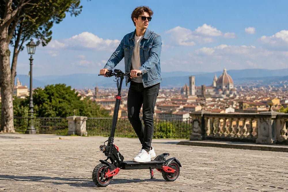 Man riding Freeboy J15 Max electric scooter against Florence city skyline view