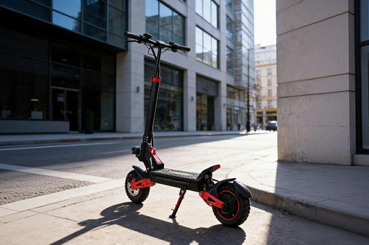 Static urban hero shot of black red Freeboy J15 Max foldable electric scooter parked on modern city street beside glass office buildings.