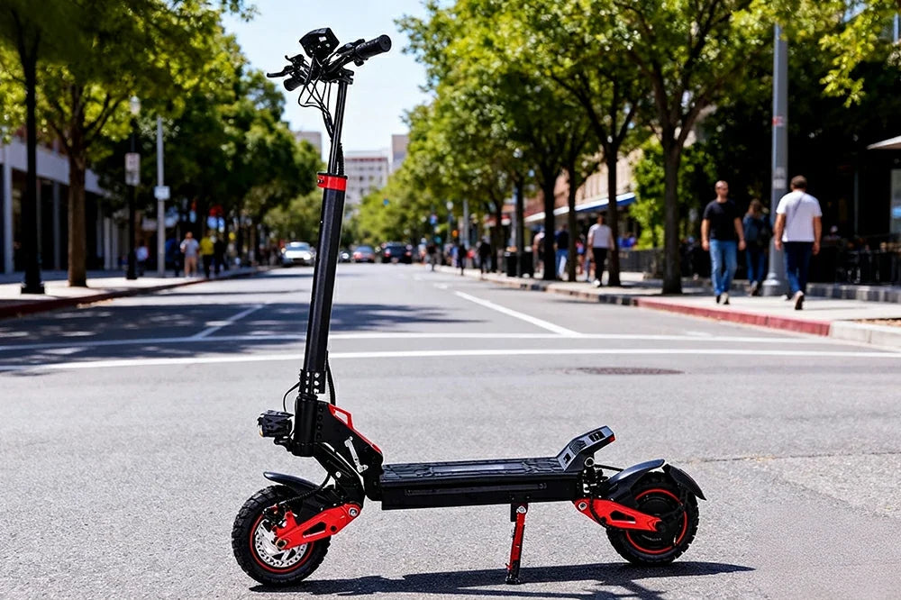 Static shot of black and red Freeboy J15 Max off-road electric scooter parked on a sunny downtown city street.