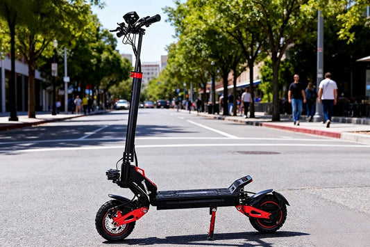 Static shot of black and red Freeboy J15 Max off-road electric scooter parked on a sunny downtown city street.
