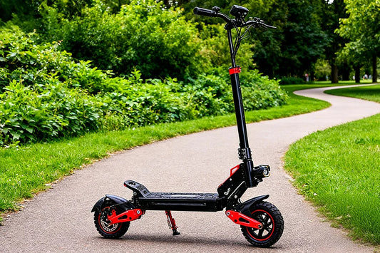Freeboy J15 Max black-red foldable off-road electric scooter resting on winding park trail surrounded by lush green foliage.