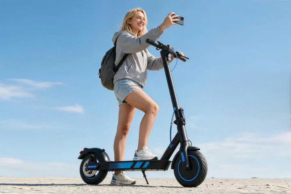 Young woman taking selfie while standing on Freeboy J04 city electric scooter on sunny beach shore