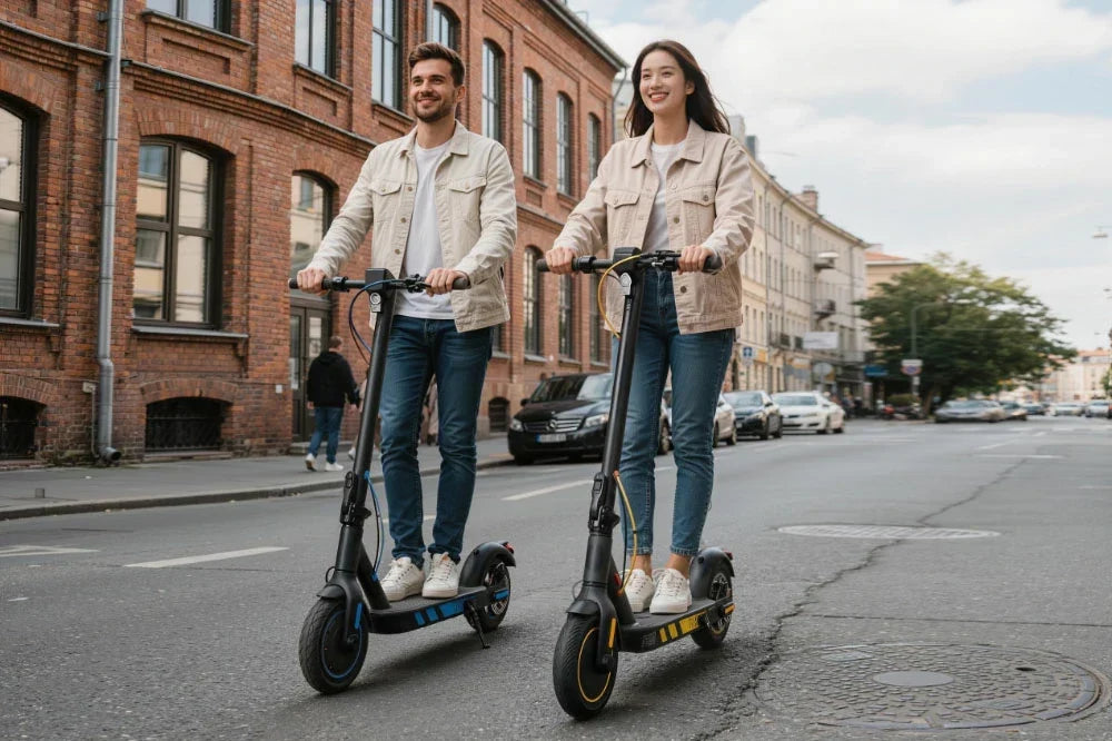 Man and woman riding Freeboy J04 electric scooters together on city street