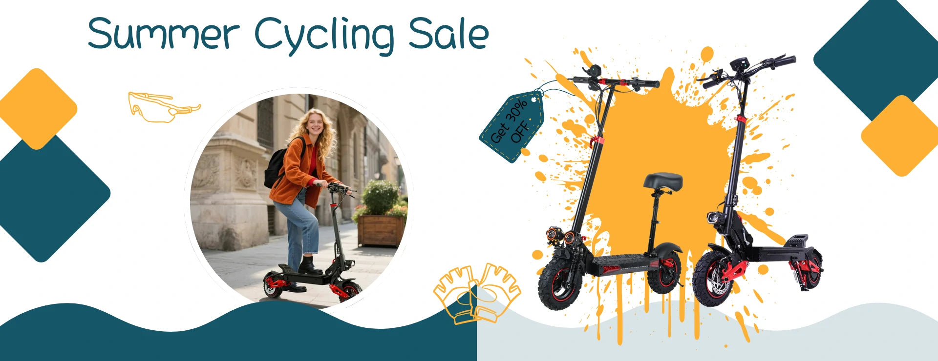 Summer Cycling Sale website banner for two red-black foldable electric scooters, 30% off tag, city commuter lifestyle photo, orange splash & teal geometric graphic design.