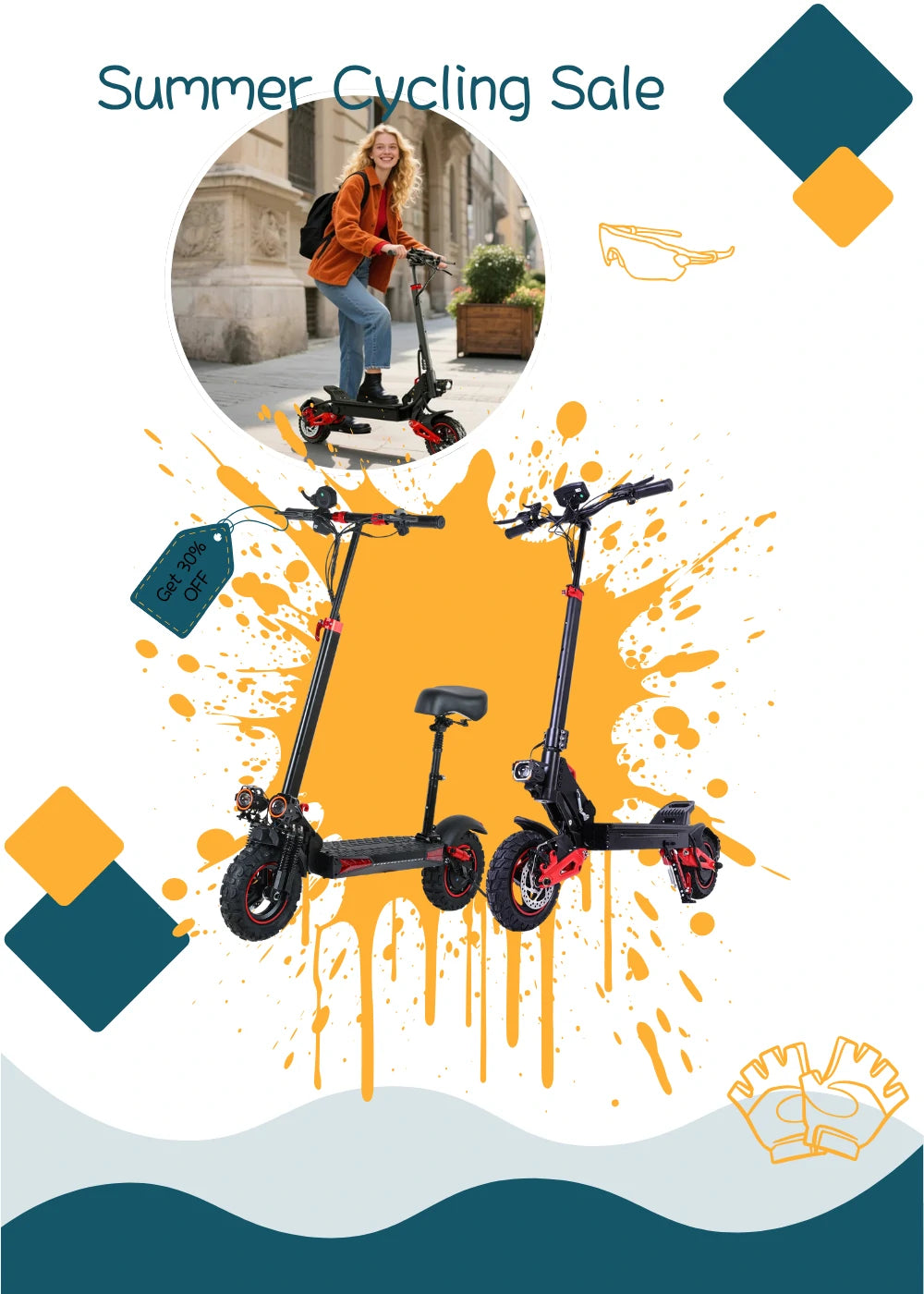 Summer Cycling Sale vertical social media poster for dual foldable electric scooters, 30% off promotion, urban commute scene, orange graffiti splash decor.