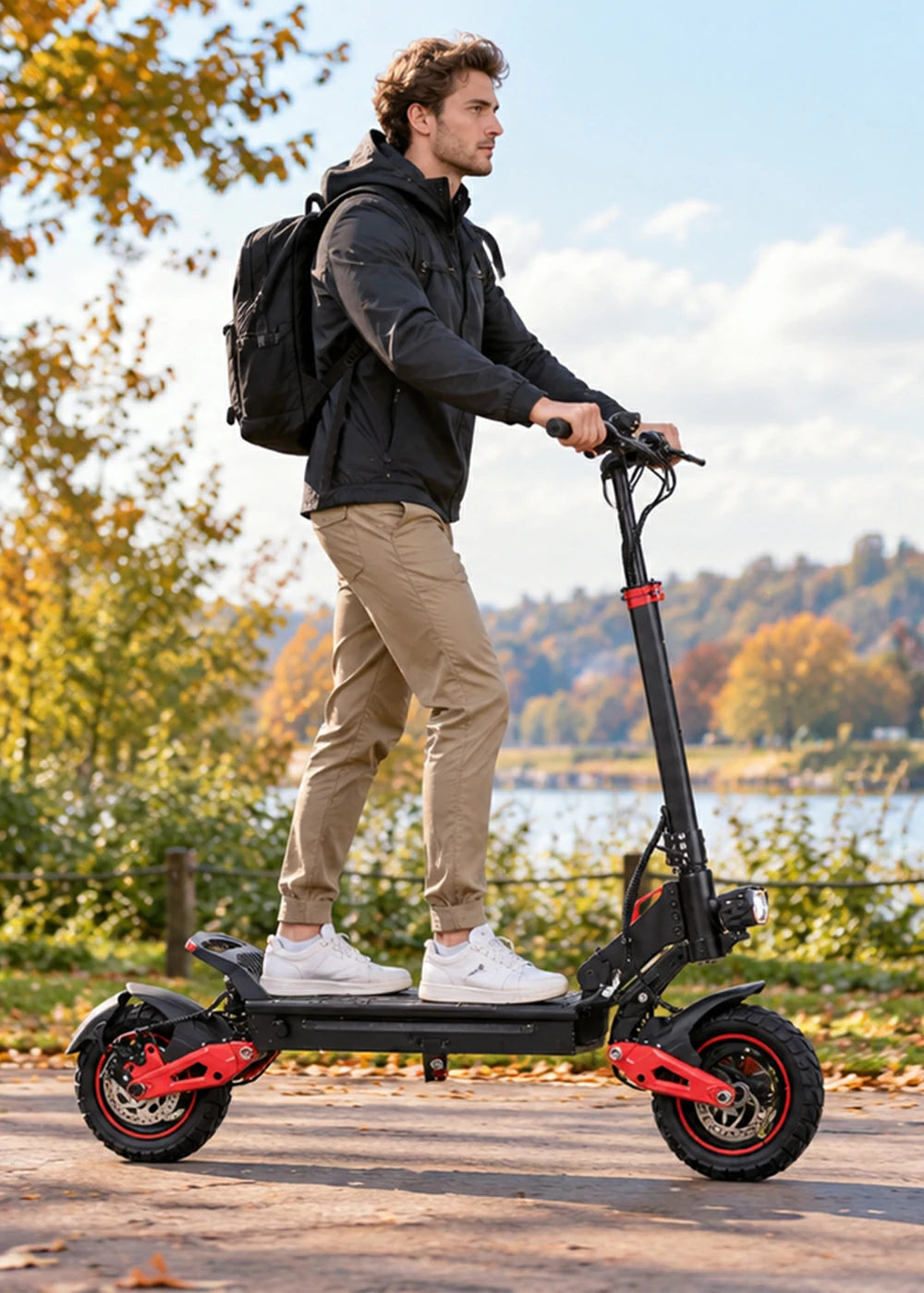 Man riding Freeboy J15 Max electric scooter on autumn lakeside park path.